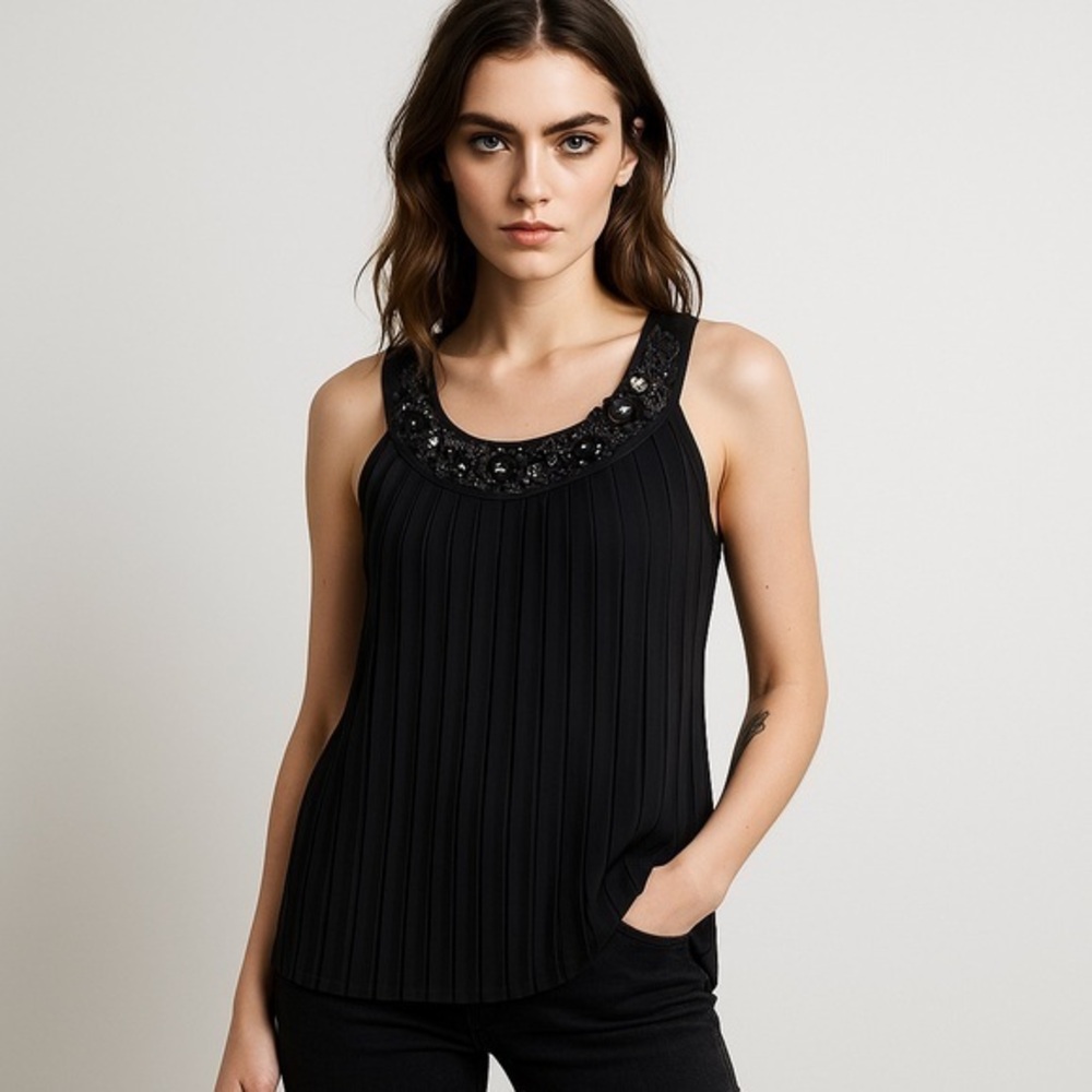 Moschino CheapandChic Black Pleated Beaded Neckline Sleeveless Top – Size 8